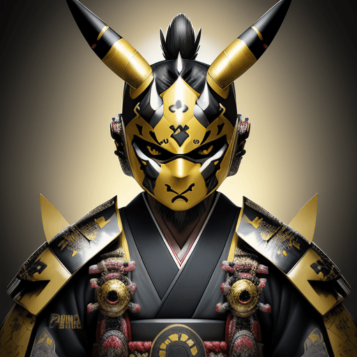 AI generated: Japanese samurai portrait, helmet
with horns, Pikachu Pokemon design closed masked, intricately scul...