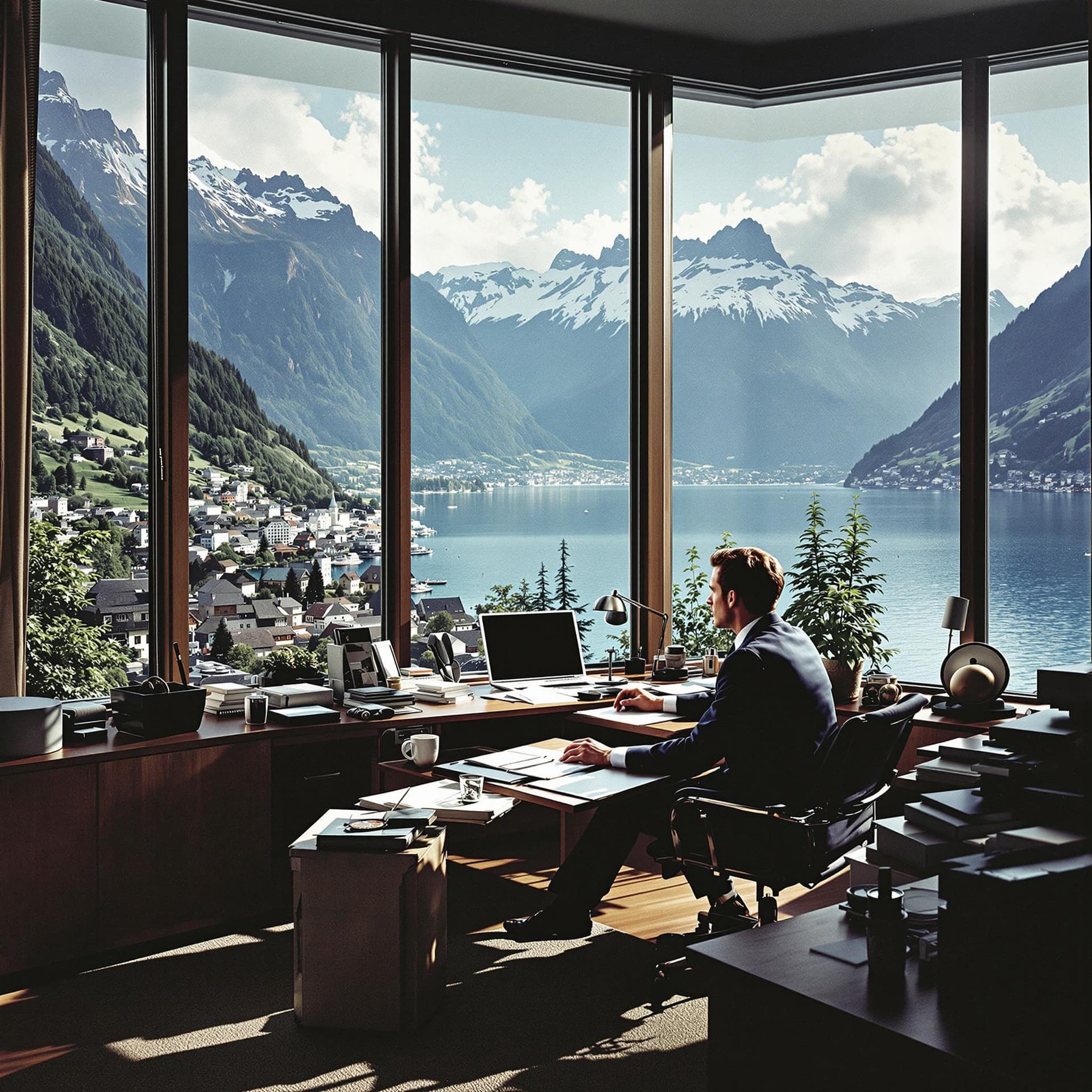 AI generated: An office of a Swiss executive in the early eighties, sitting at his desk with large windows overloo...
