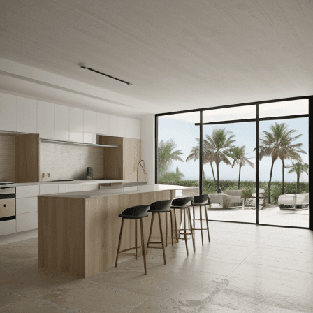 AI generated:  interior design, open plan kitchen and living, limestone floor, U-shaped kitchen to the right, kitc...