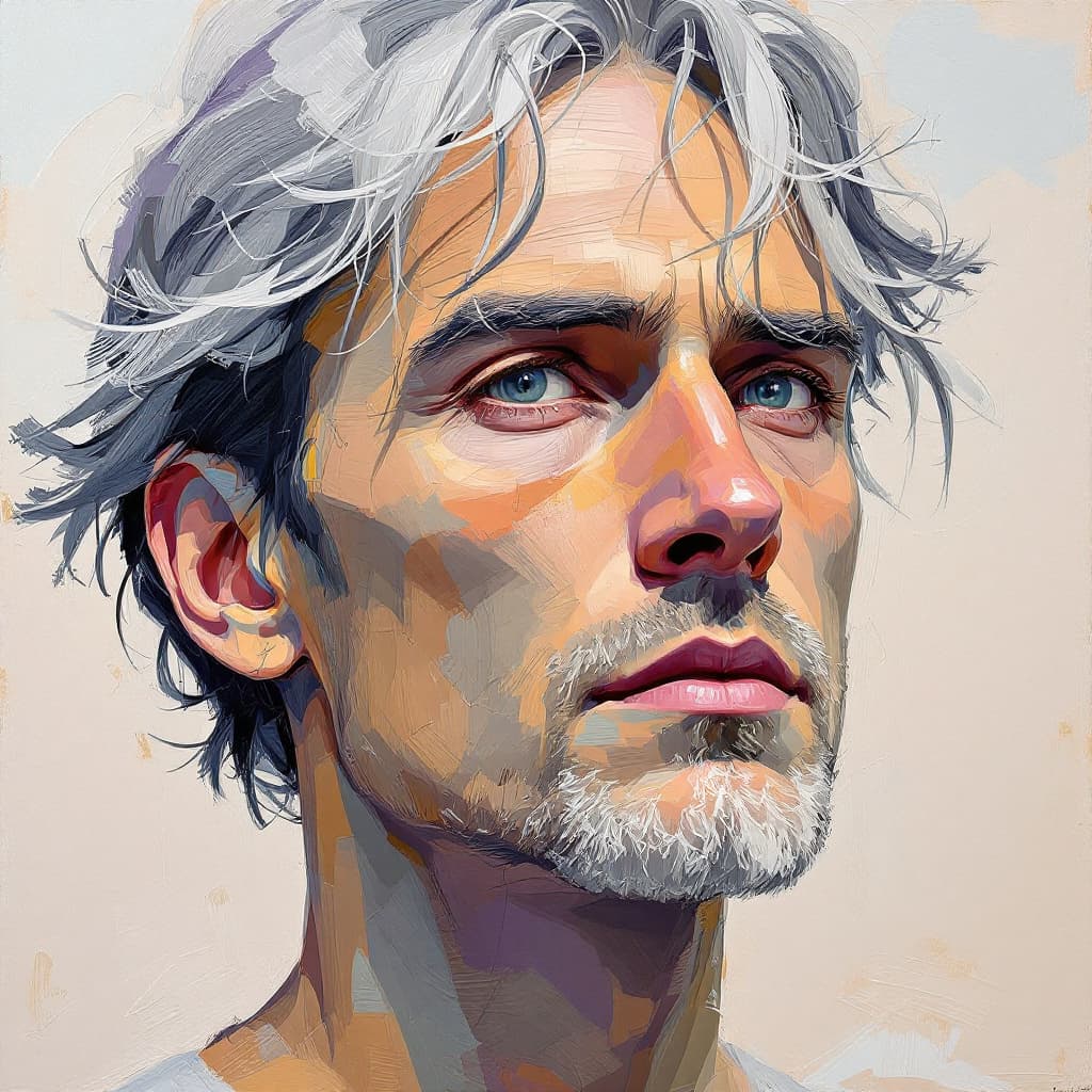 AI generated: abstract portrait of a man with an emphasis on thick, impasto-style brushstrokes and a rich, tactile...