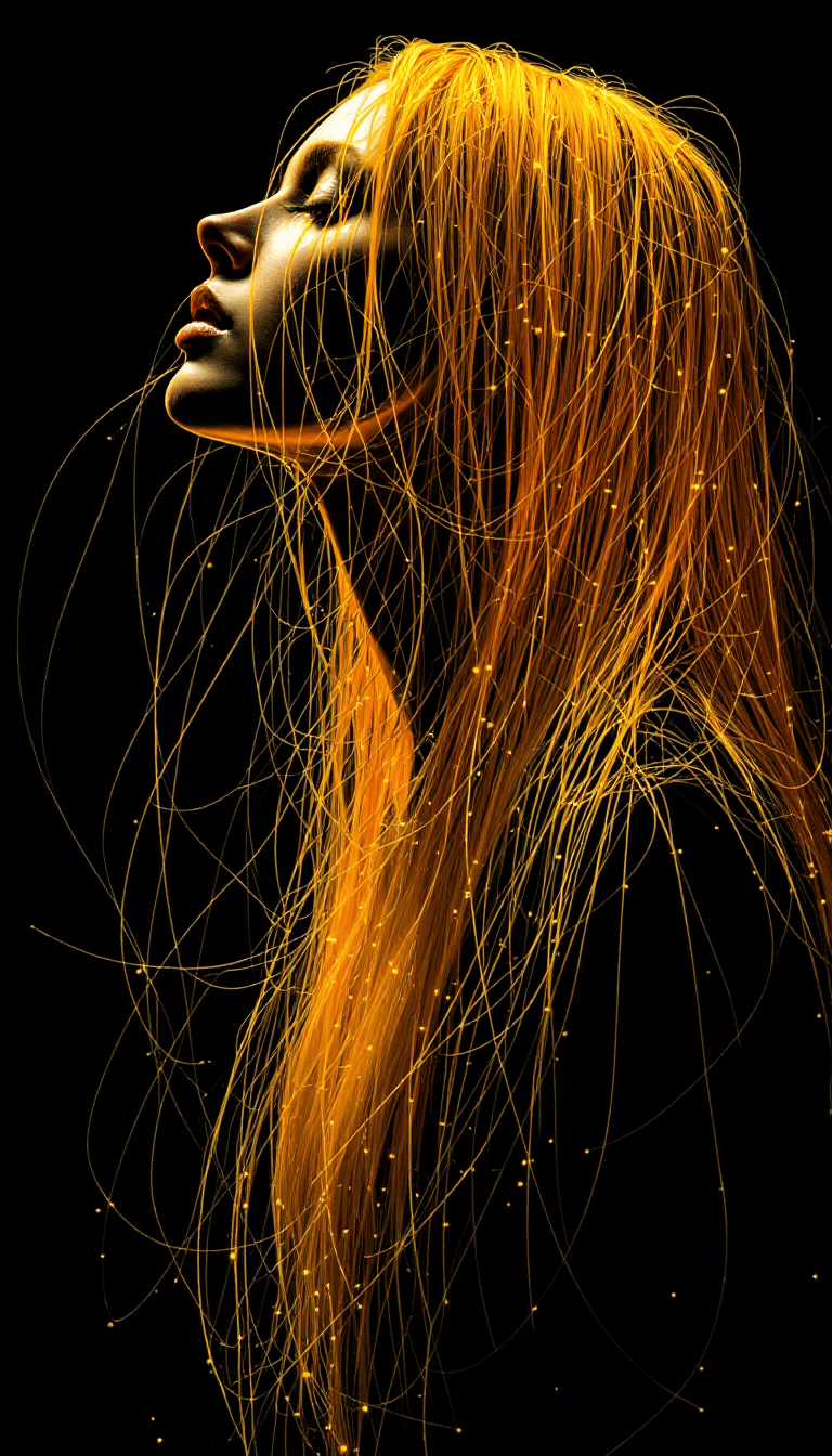 AI generated: string art, black background, long golden thin hair, surrealism, suprematism, fluorescent, highly de...