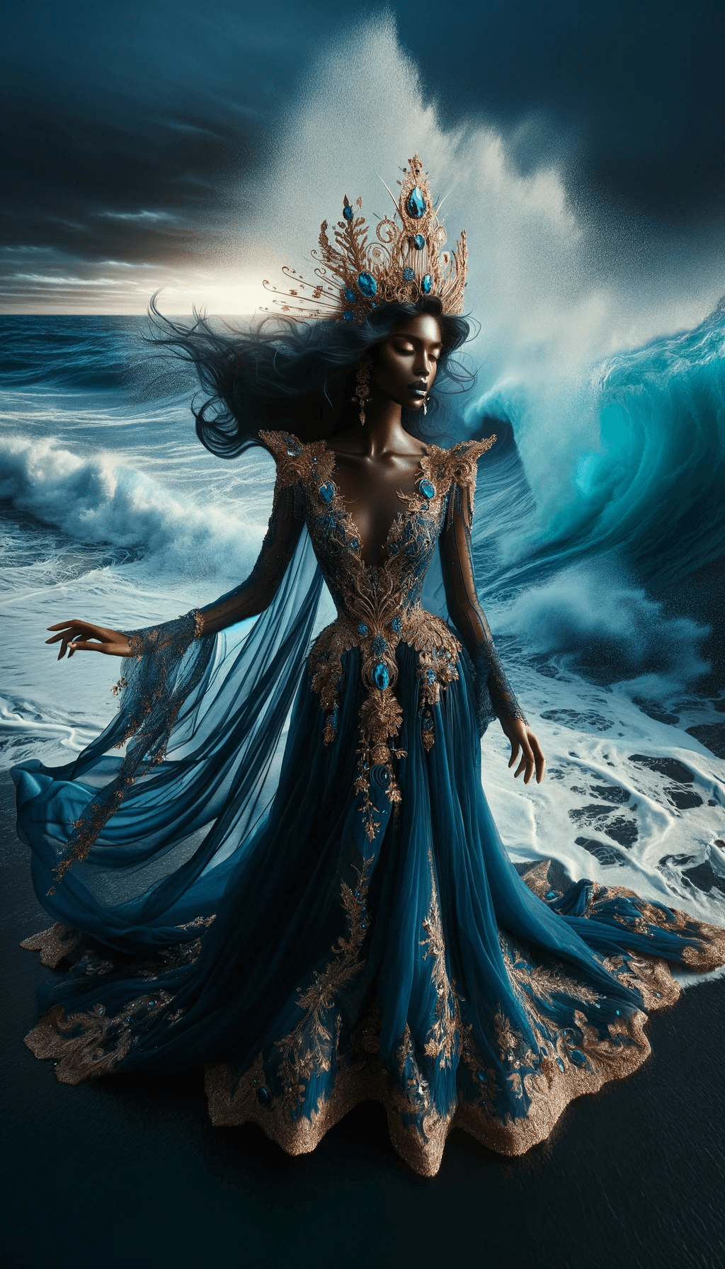 AI generated: A dark-skinned woman stands poised against a dramatic ocean backdrop, with powerful turquoise waves ...