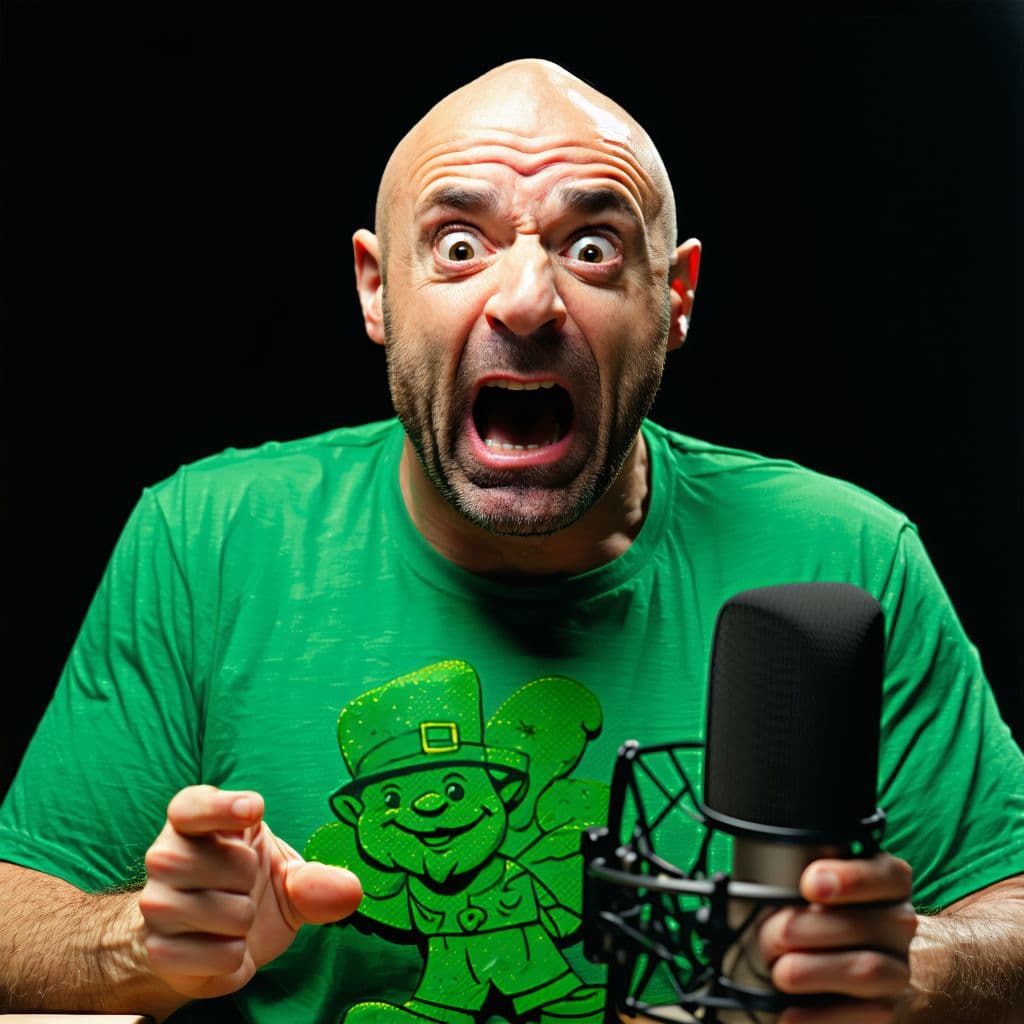 AI generated: Joe Rogan catches a leprechaun breaking onto his set during a podcast and chases after it in a panic...
