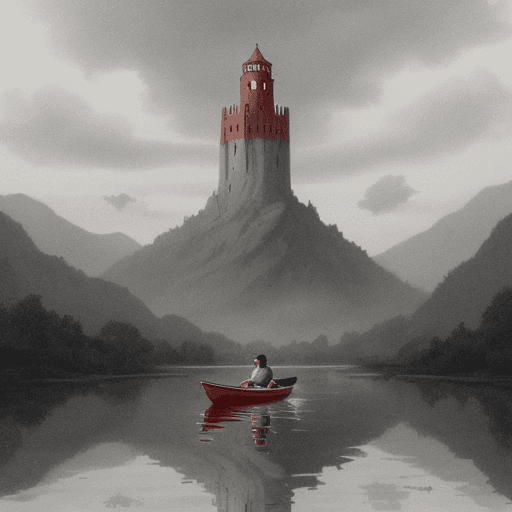 AI generated: 1 person in red is sitting in a boat on the river, the river is beside a mountain, there is a tower ...