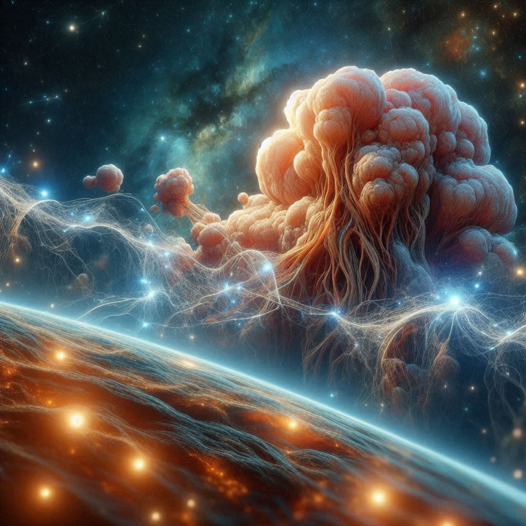AI generated: The universe is a barely visible foamlike maze, glowing white filaments connect areas of condensing ...