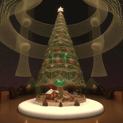 AI generated: mansión gigante con decoración navideña un árbol de navidad gigante con muchas luces 3d