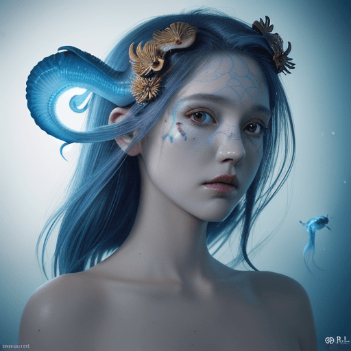 AI generated: Goddess close-up portrait ribcagel. jellyfish phoenix head, nautilus, orchid, skull, betta fish, bio...