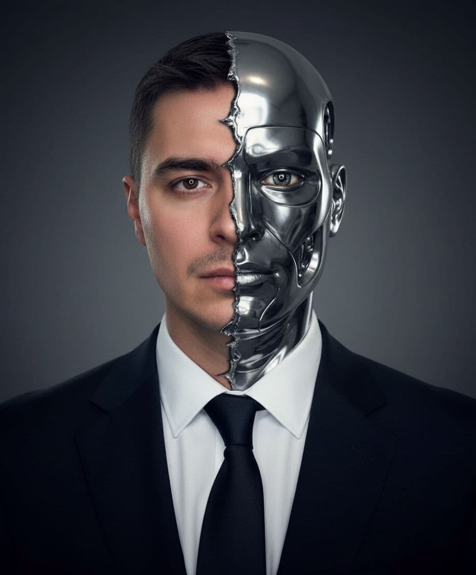 AI generated: A dramatic, front-facing close-up portrait of Mariano Rajoy in a suit, reminiscent of the T-1000 fro...