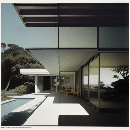 AI generated: Hyper realistic eye level exterior photo of a mid century modern style house overlooking the ocean, ...