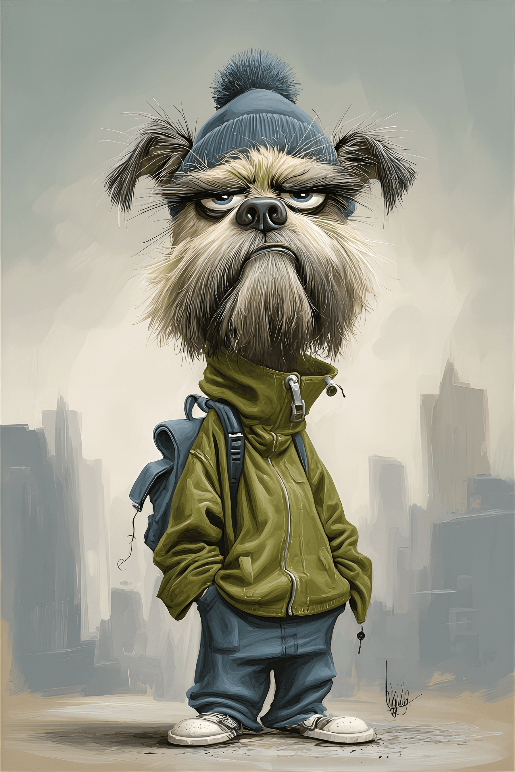 AI generated: funny caricature, grumpy urban dog, male, 7 years old, scruffy, streetwise, annoyed, small dog with ...