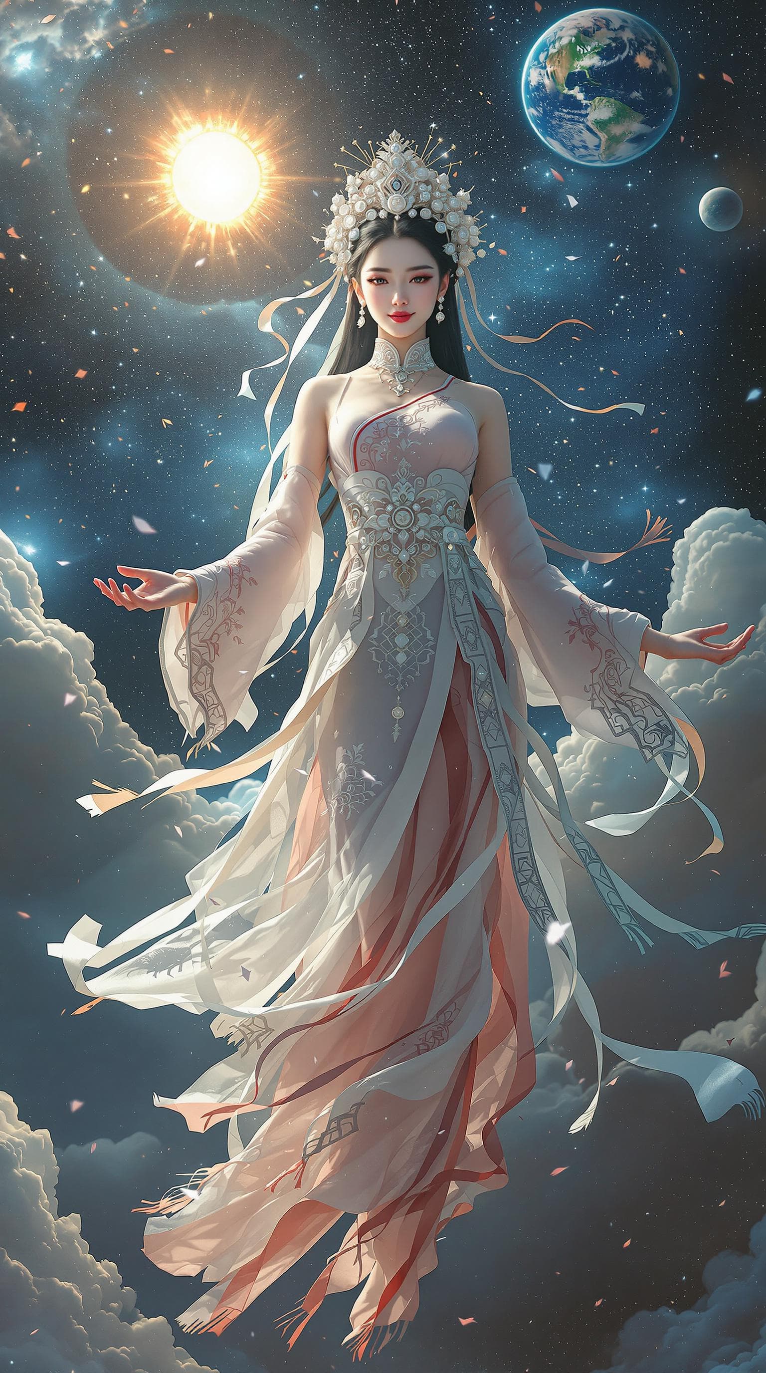 AI generated: full body and fantastical depiction of a massive cosmic Hmong girl floating through the vastness of ...