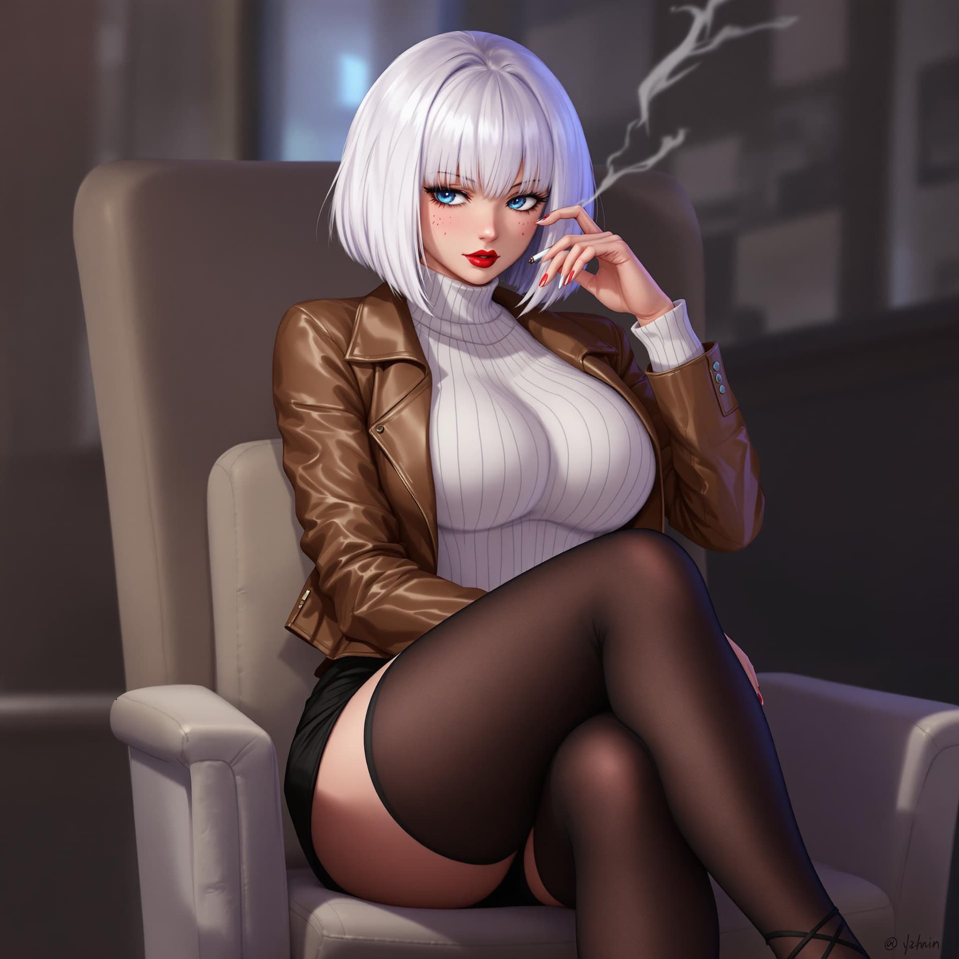 AI generated: anime, woman, white hair, bob cut, blue eyes, freckles, red lips, white sweater, tight sweater, shor...