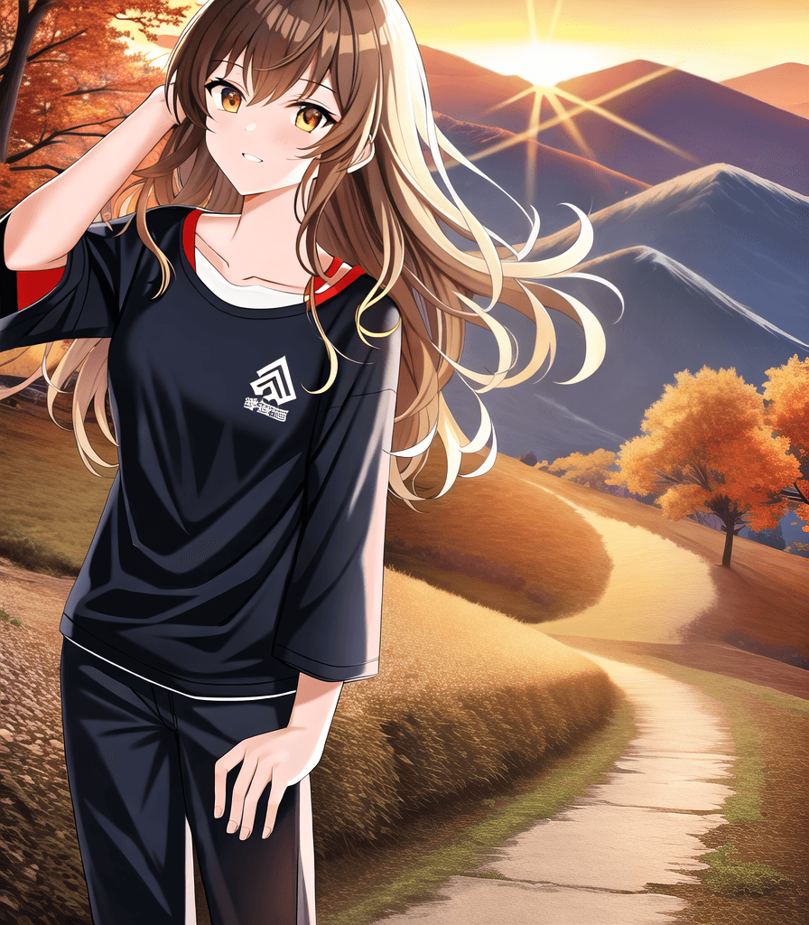 AI generated: (perfect anime illustration), 1girl, wavy hair, long brown hair, medium breasts, t-shirt, mountains,...