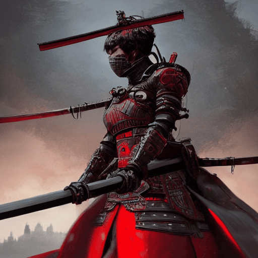 AI generated: 12th century female samurai in the style of greg rutkowski and Guweiz and Yoji Shinkawa, intricate b...