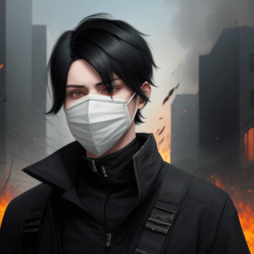 AI generated: An androgynous male with chin-length black hair. His face is covered by a full mask that is white wi...