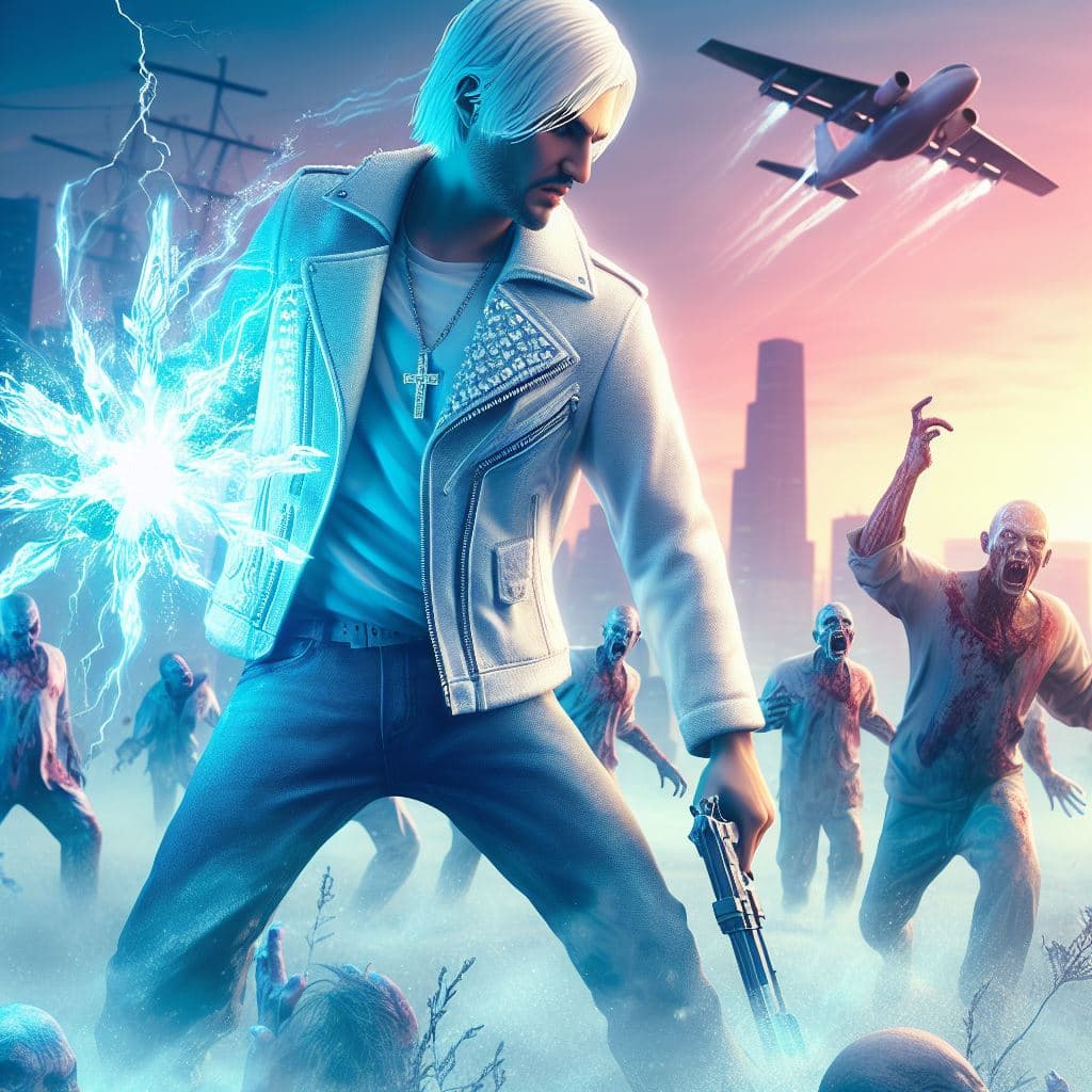 AI generated: Los Santos. Apocalypse. Zombies. Character with white hair, male, white-light blue semi-metal costum...