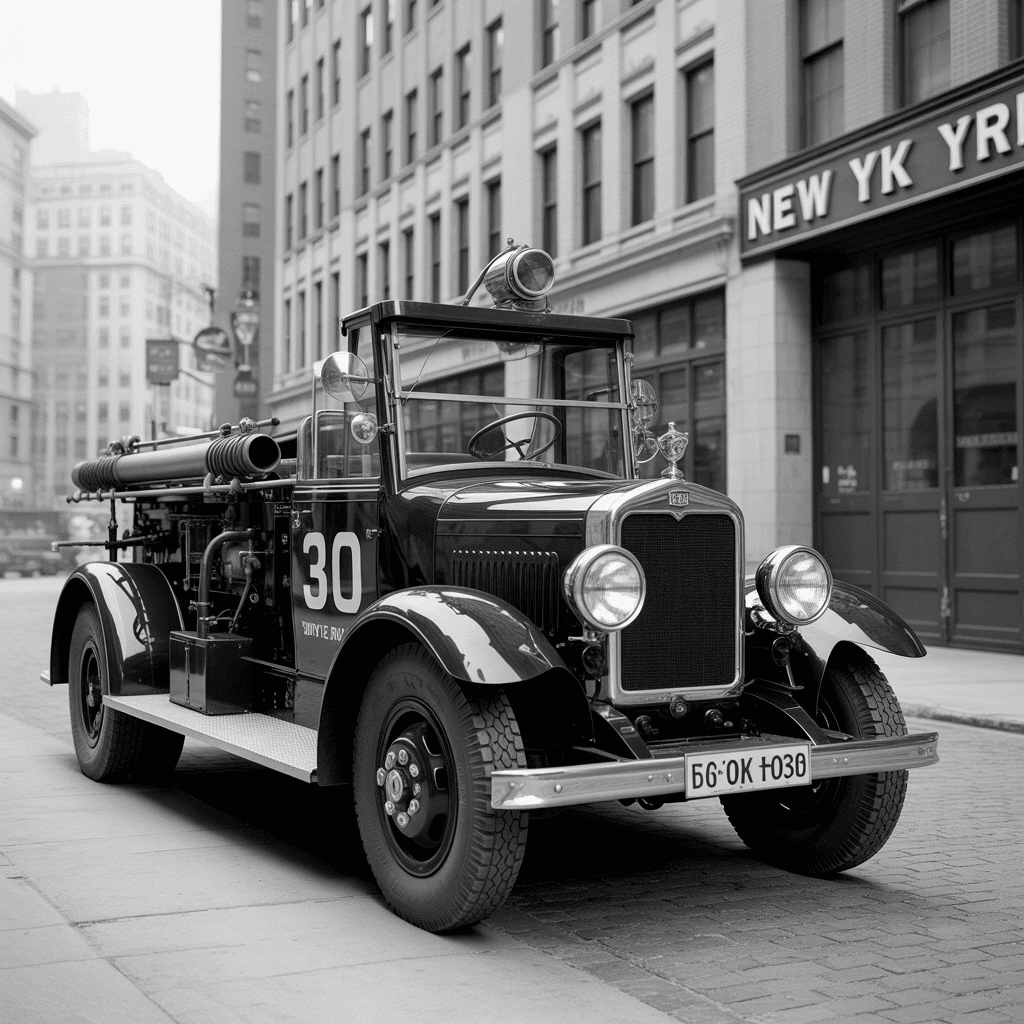 AI generated: photo-realistic news paper black and white photo of a 1920's New York fire engine, parked outside th...