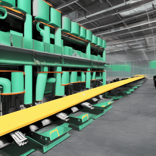 AI generated: Hyper realistic eye level exterior photo of a factory conveyor belt, Green Android robots being asse...