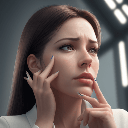 AI generated: photo realistic, modern woman striking a pose looking up index finger to her chin, thinking "I forgo...