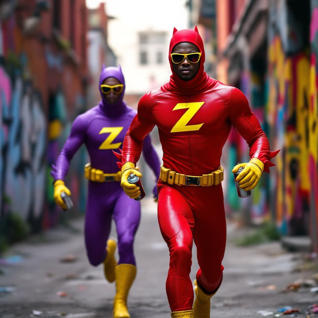 AI generated: Hyper realistic A BLACKMAN IN A RED SPANDEX SUIT with a zoz logo on his chest , WITH YELLOW GLOVES A...