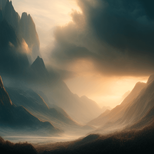 AI generated: Photo of a dreamy landscape, abstract shapes, dramatic light, pale sunrise, battered, low angle, tre...