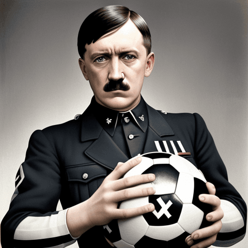 AI generated: Portrait of adolf hitler holding a soccer ball in color. Show the full soccer ball held centrally wi...