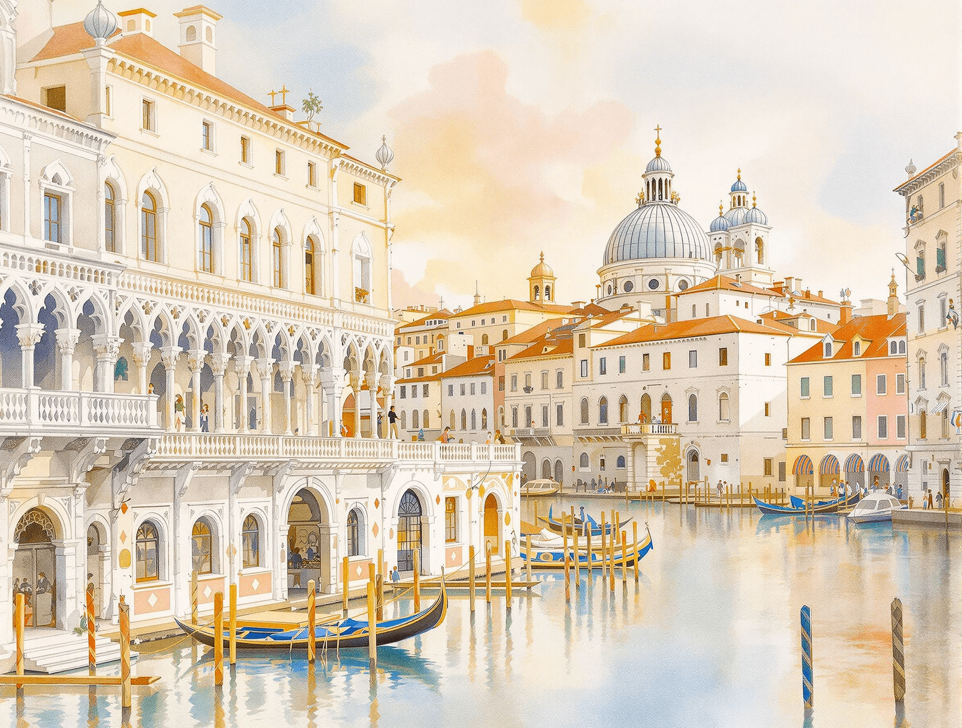 AI generated: Venetian elegance: Italian architecture. Watercolor. Vintage print, watercolor, artstation trends, s...