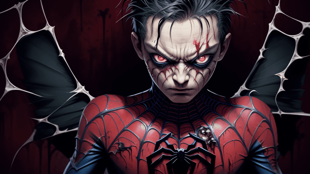 AI generated: in a funky background portrait of little evil vanquished Spider-Man, spiderweb wings, extremely Prom...