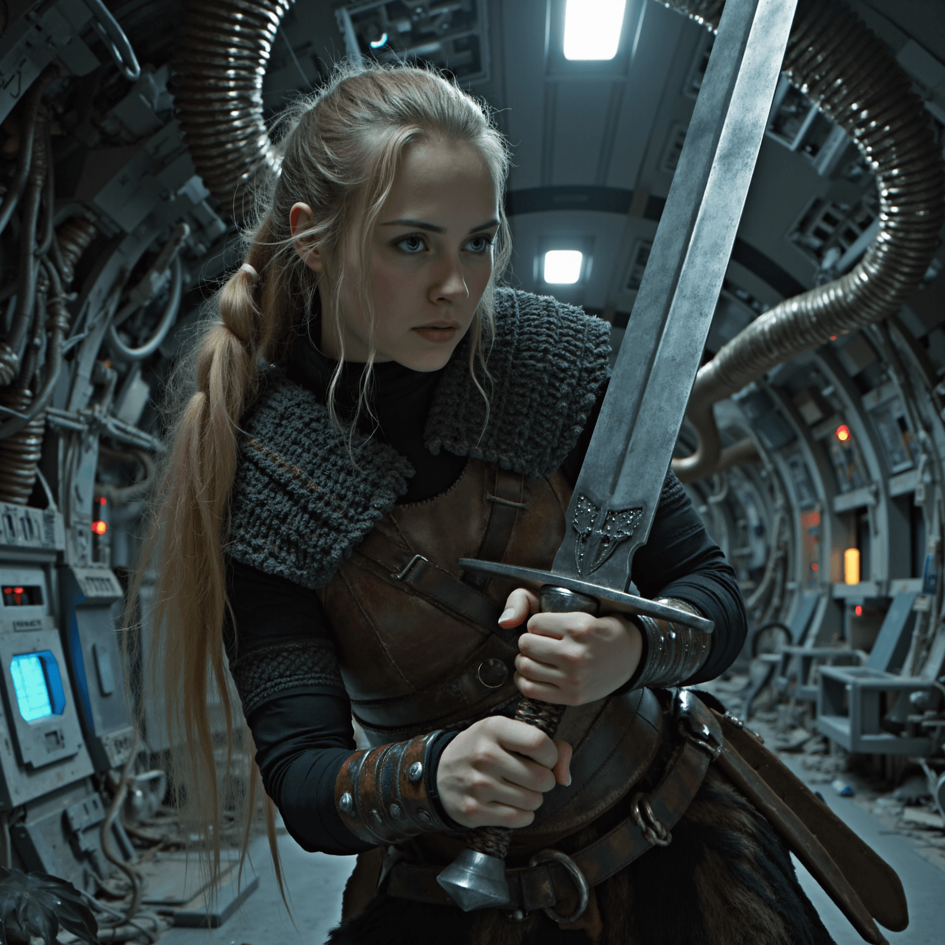 AI generated: Cinematic close-up shot: A female warrior with the appearance of a Viking Valkyrie. She grips a larg...