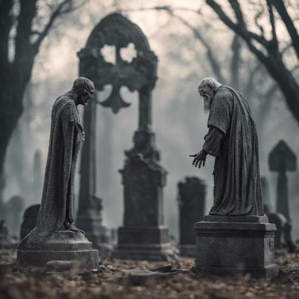 AI generated: In an ancient, cursed graveyard, a man consumed by anger faces off against a vengeful creature, the ...