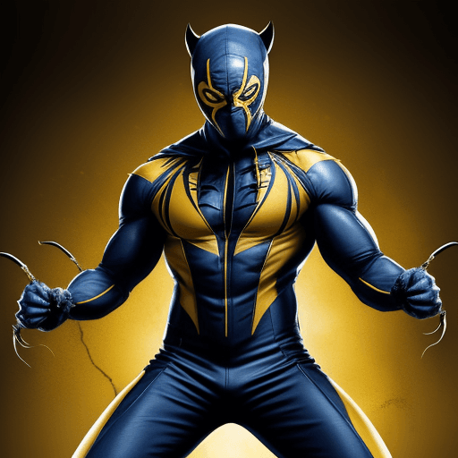 AI generated: HUGH JACKMAN IN A YELLOW AND BLUESPIDER-WOLVERINE 
 SUIT WITH A MASK
WITH CLAWS COMING FROM HIS KNUC...