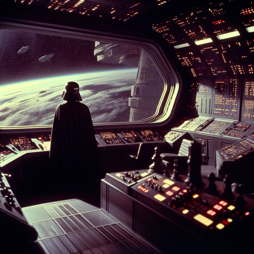 AI generated: panned out camera shot 35mm, darth vader in an imperial space station looking out a giant window hig...
