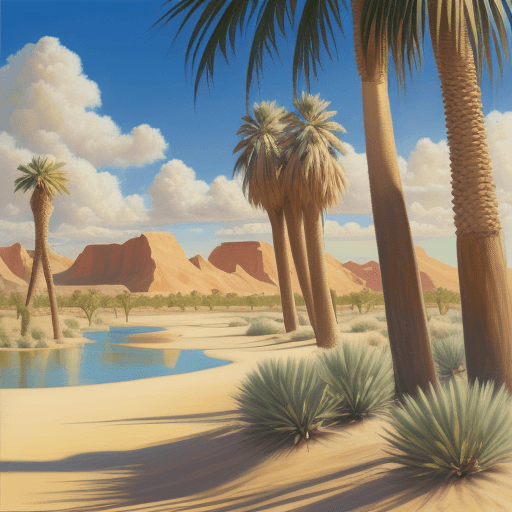 AI generated: Oil painting of a desert oasis with palm trees and sunny clouds