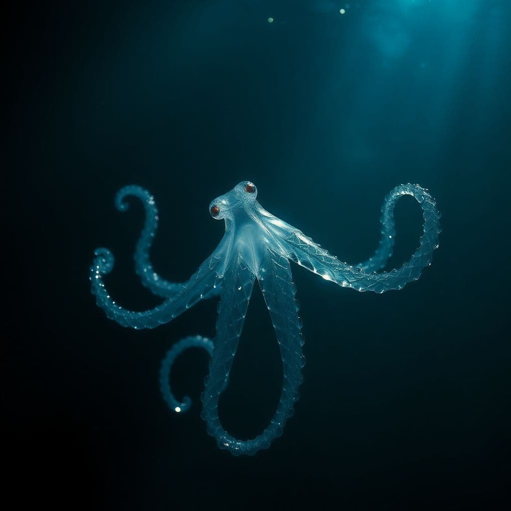 AI generated: Create a captivating image of a glass octopus floating gracefully in the dark depths of the ocean. T...