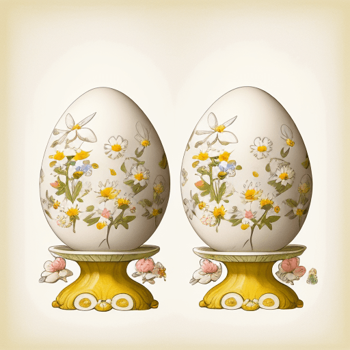 AI generated: two eggs and flowers in the painting, in the style of whimsical caricatures, storybook illustrations...