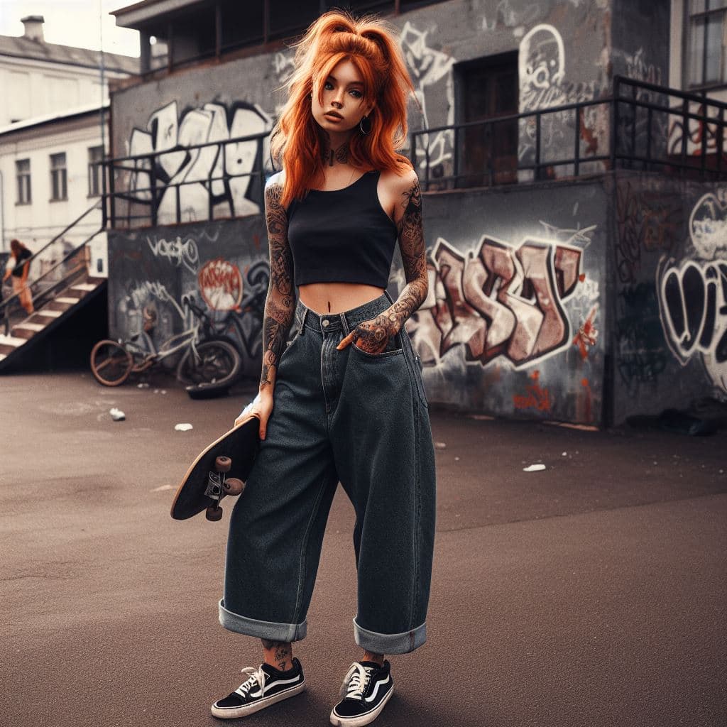 AI generated: street photography, a beautiful skater girl, Fiery red hair Half-up half-down hairstyle, oversized b...