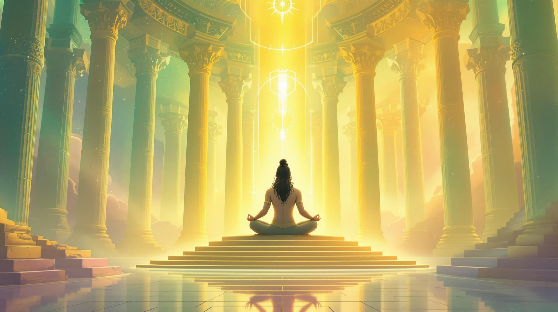 AI generated: "Illustrate a grand celestial temple where Shiva meditates at the center, illuminated by soft golden...