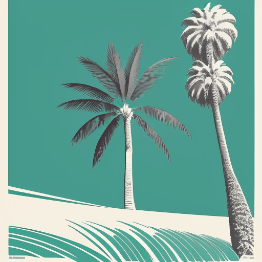 AI generated: A variation of a palm tree depicted in a classic screen-print (silkscreen) style, featuring bold, cl...