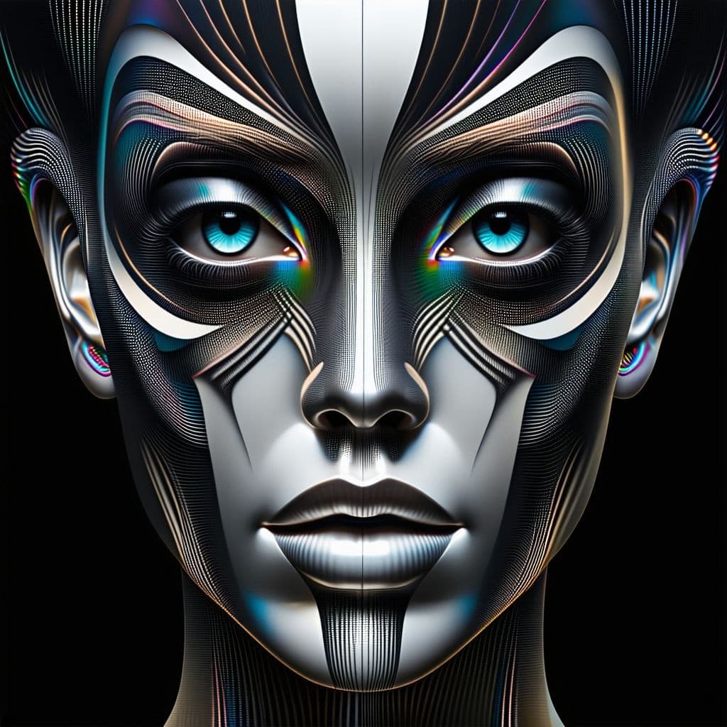 AI generated: Mandelbrot pattern beautiful symetric and centered woman's face, infinite recursive detail, chrome g...