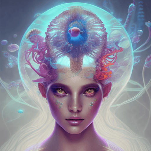 AI generated: Goddess close-up portrait ribcagel. jellyfish phoenix head, nautilus, orchid, skull, betta fish, bio...