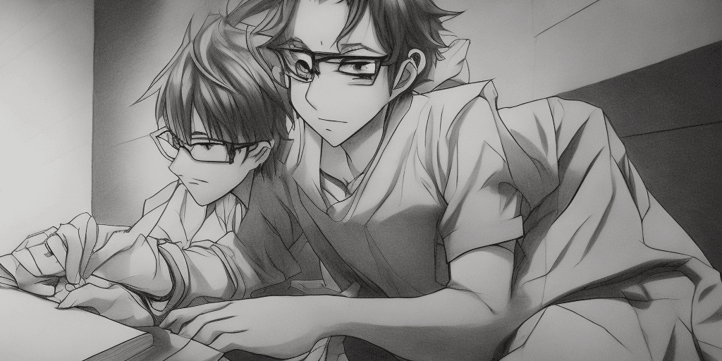 AI generated: anime style young man sitting in his geek room making drawings on a white sheet of paper, ultra real...