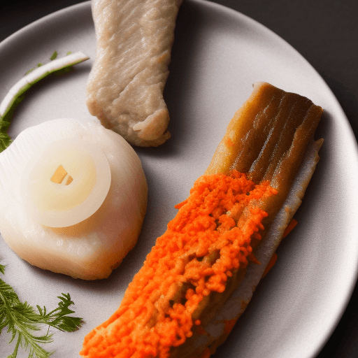 AI generated: Sephardic Jewish Man with white kipper, eating gefilte fish with sliced carrot on top, high details,...