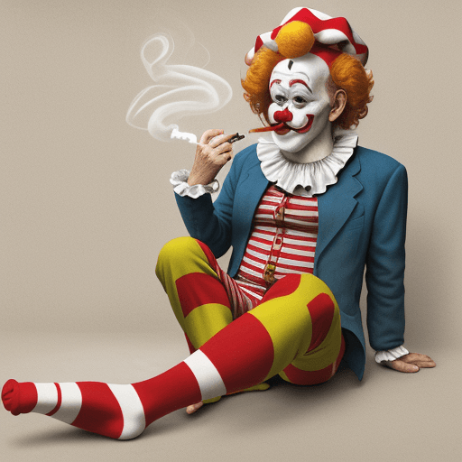 AI generated: old clown, long feet, smoking