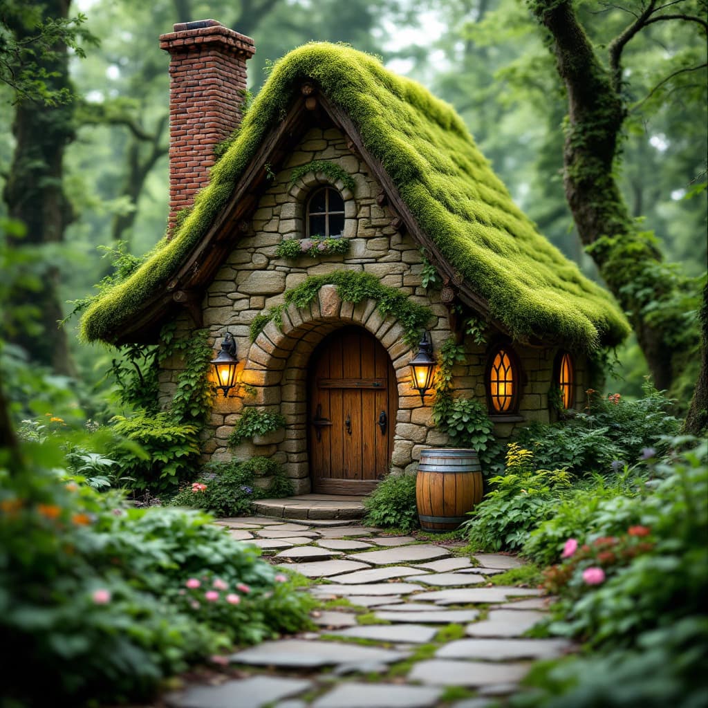 AI generated: A picturesque, moss-covered stone cottage nestled in a lush green forest. The cottage features a ste...