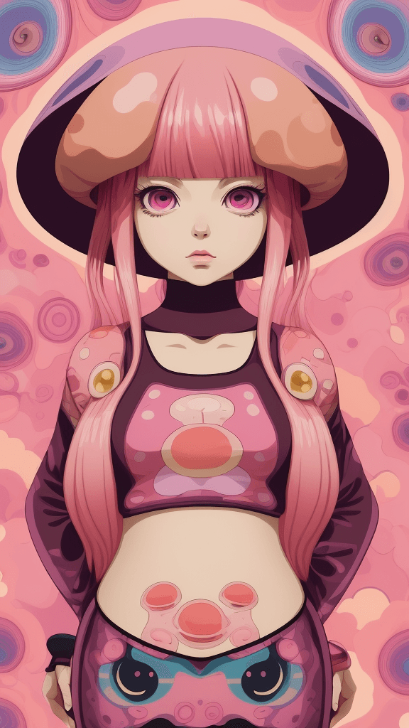 AI generated: in a funky background portrait of little mushroom woman, pink hair, Prominent eyes, funky background...