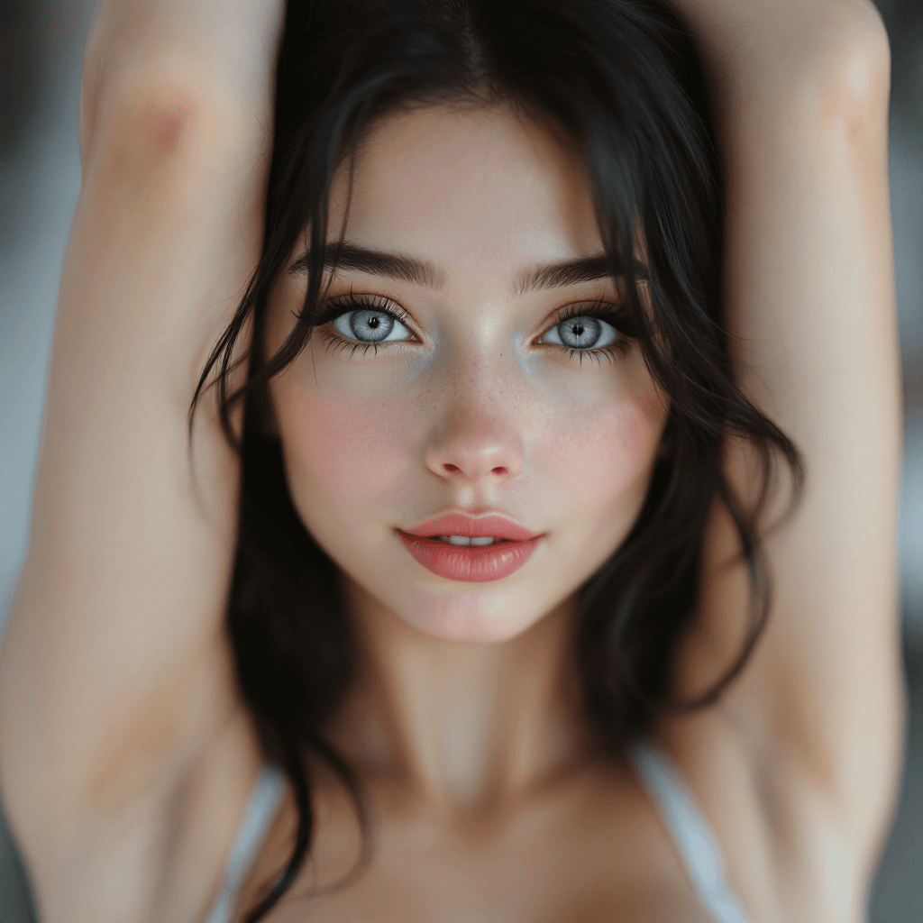 AI generated: , 1girl, looking at viewer, blue eyes, black hair, eyelashes, blurry background, close-up, realistic...