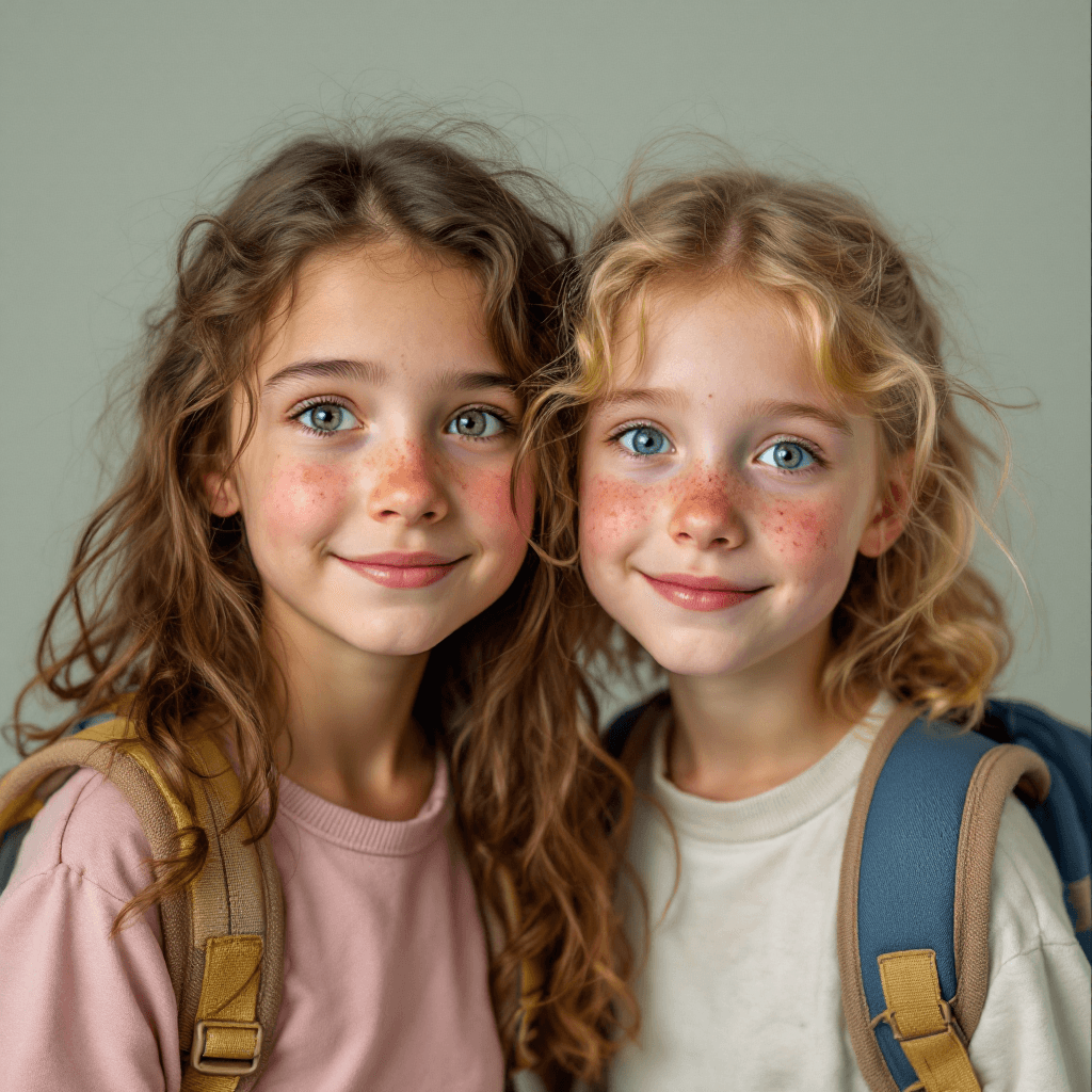 AI generated: Two photorealistic eleven-year-old girls, both look very different. One girl is taller with brown ha...
