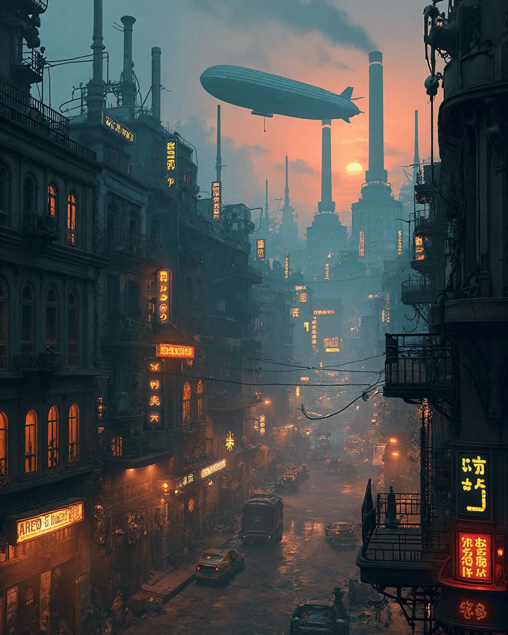 AI generated: "A sprawling cyberpunk-dieselpunk cityscape at twilight, with neon signs flickering over grimy stree...