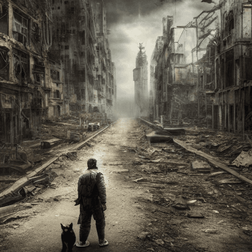 AI generated: High resolution photography, abandon city, Dystopian city, dystopia, human, slave people, war, cybor...