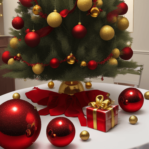 AI generated: Christmas tree red and gold balls on table, white bacgroud,  